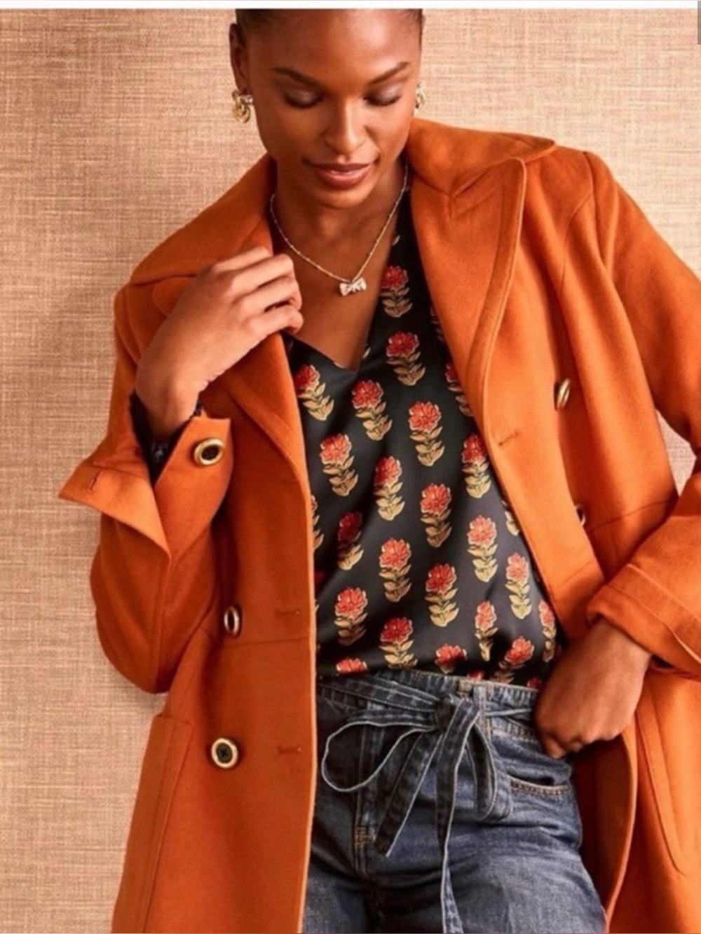 CAbi Rust Orange Double-Breasted Trench Coat